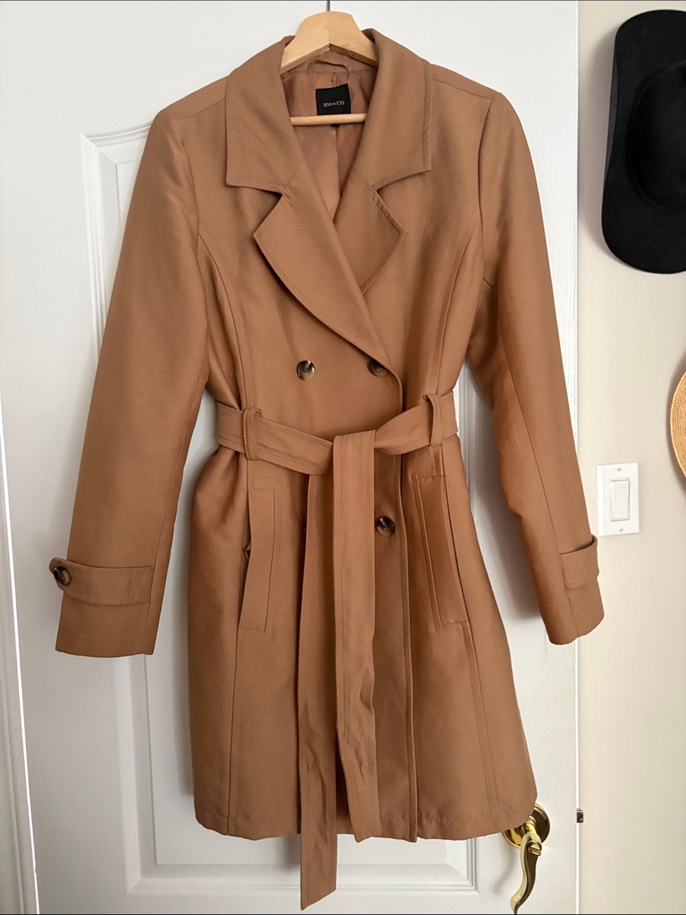 RW&CO. Camel Tan Double-Breasted Trench Coat with Belt